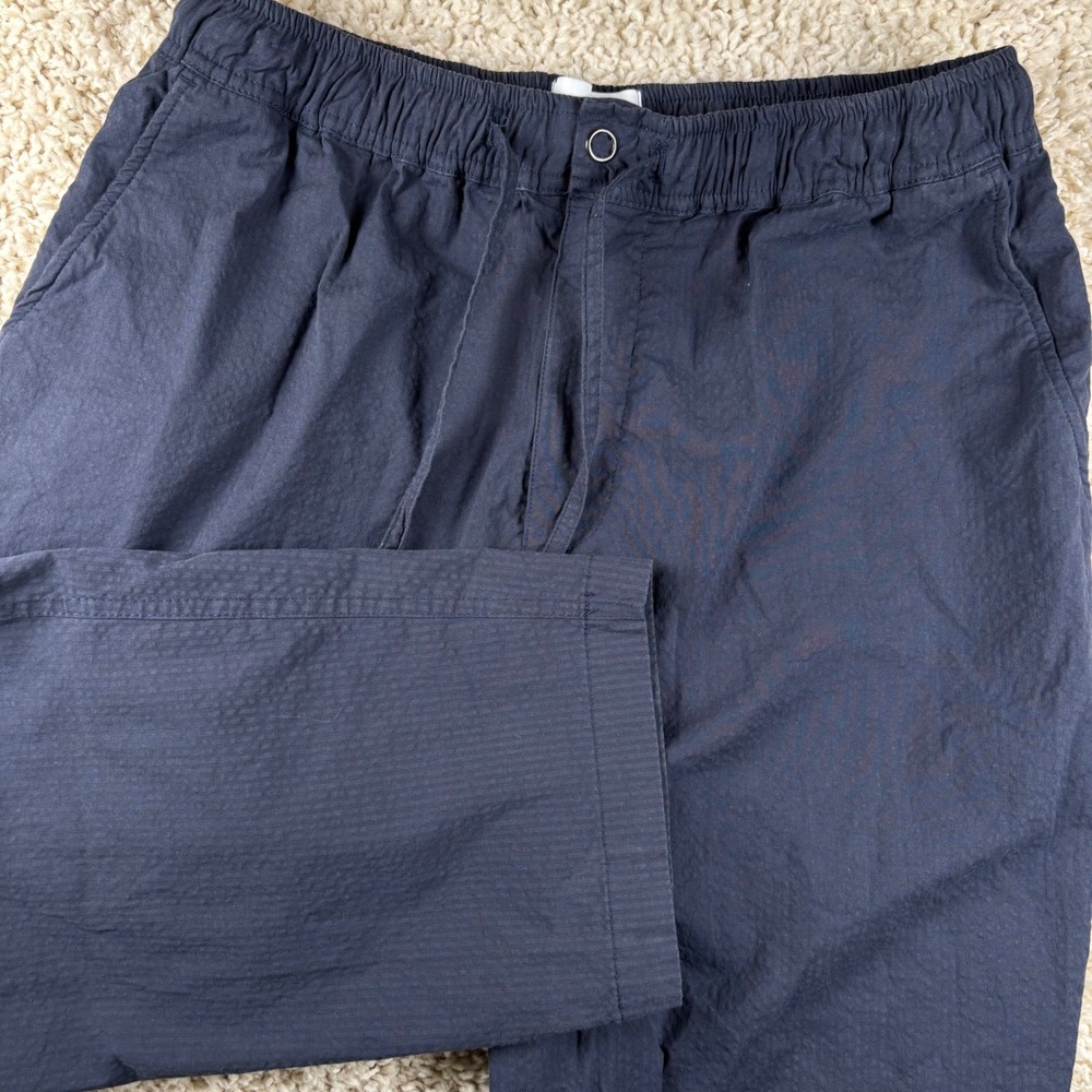 Wax London Mens Kurt Trousers 36 (L) Navy Blue Seersucker Elastic Waist European